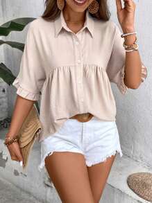 EMERY ROSE 女士荷叶边娃娃衫女式衬衫 - 卡其色 - 查看 6