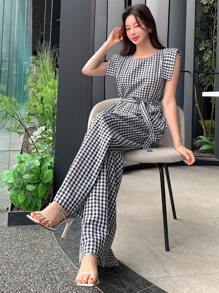 DAZY Bộ đồ liền thân kẻ sọc thắt lưng cho nữ, quần yếm xếp nếp cho nữ - Đen và trắng - Xem 6