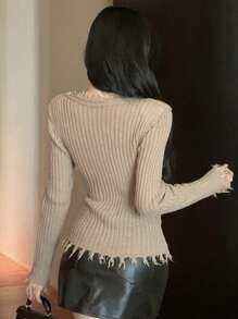 DAZY 女士时尚珍珠纽扣装饰流苏边开衫，秋季服装 - 卡其色 - 查看 2