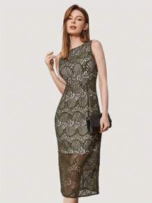 Vestido De Encaje Con Bloques De Color Y Cuello Redondo Sin Mangas Y Cintura Ceñida Para Fiesta Y Graduación - Verde militar - Ver 1