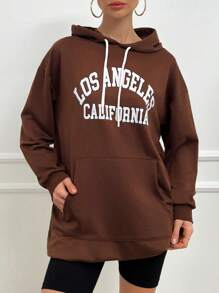 Cottnline Letter Graphic Kangaroo Pocket Drop Shoulder Drawstring Hoodie - Chocolate Brown - View 3
