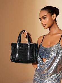 SHEIN SXY 女時尚經典黑色亮片頂部提把單肩包 - 黑色 - 查看 8