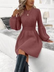 SHEIN Clasi 女士圆领针织灯笼袖毛衣连衣裙 - 鏽棕色 - 查看 1