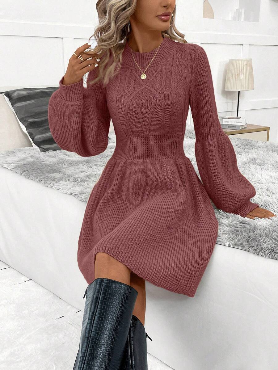 SHEIN Clasi 女士圆领针织灯笼袖毛衣连衣裙 - 鏽棕色 - 查看 1