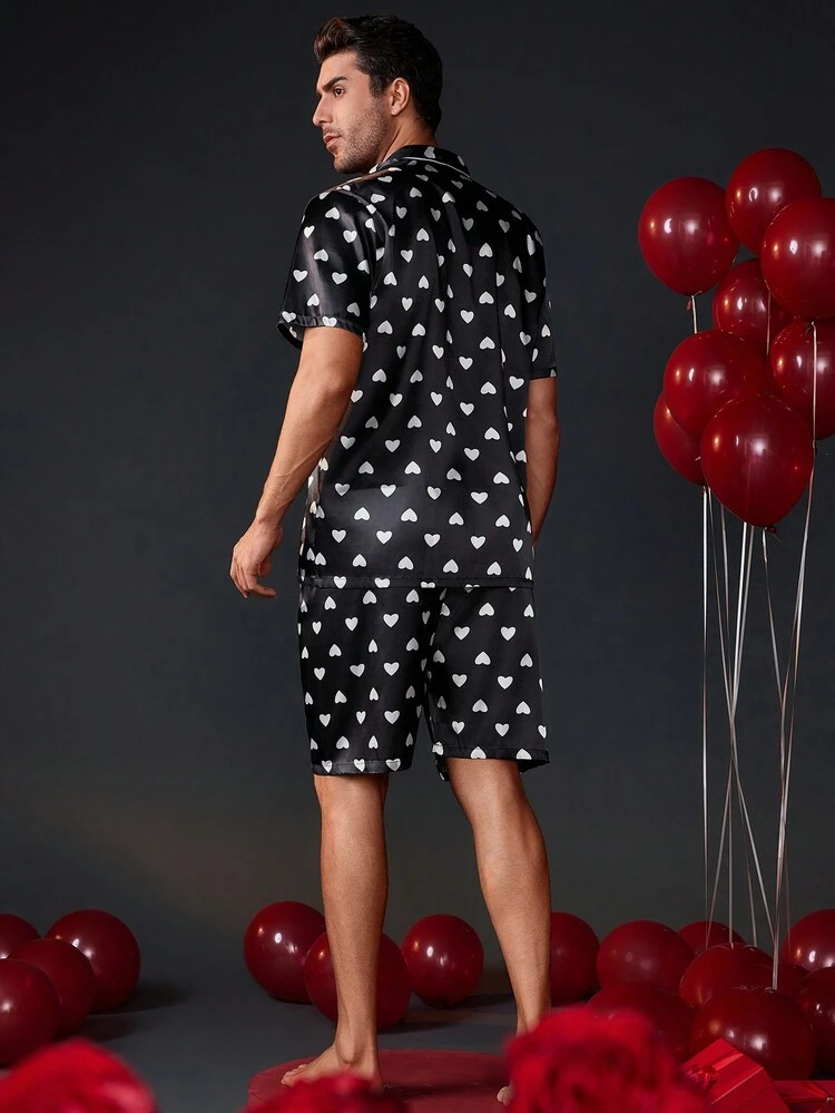 Valentine's Day Men Heart Print Buttoned Short Sleeve Top And Shorts Loungewear Set