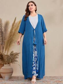 Al Najma Conjunto de 2 piezas de chaqueta con flecos de encaje y vestido sin mangas con estampado floral para mujer de talla grande - Multicolor - Ver 3