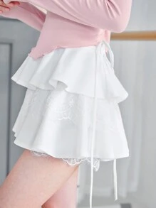 SHEINNeu 白色夏季短裙芭蕾蝴蝶结可爱蕾丝边短裙迷你短裙生日女士服装情人节衣服 - 白色 - 查看 4