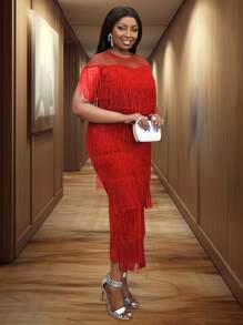 Women Red Fringe See Through Top Cap Sleeve Festival Party Tassel Dresses Midi Length New Year Party Dress - Red - View 4