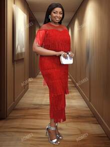 Robe mi-longue avec Top transparent à franges rouges, manches courtes, pour festival et fête