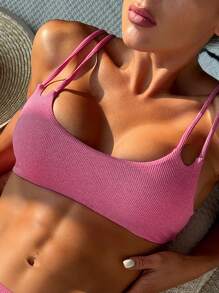 SHEIN Swim Women's High Neck Ribbed Bikini Set Summer Beach - Hot Pink - View 6