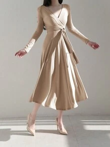 DAZY 女士實色綁帶款連身裙,腰部綁帶設計 - 卡其色 - 查看 5