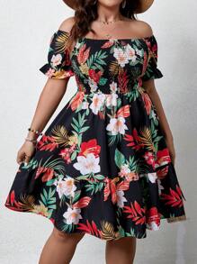 SHEIN Clasi Women's Plus Size Floral Printed Off-Shoulder Cable Knit Sweater Dress Vacation Beach Outfit - Black - View 1