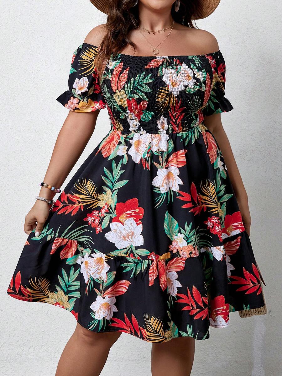 SHEIN Clasi Women's Plus Size Floral Printed Off-Shoulder Cable Knit Sweater Dress Vacation Beach Outfit - Black - View 1