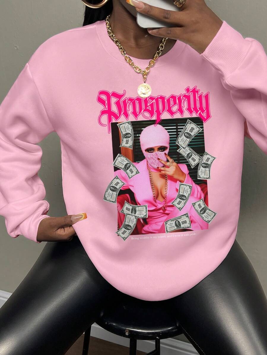 Slaydiva Women's Printed Round Neck Thermal Lined Sweatshirt - Baby Pink - View 1