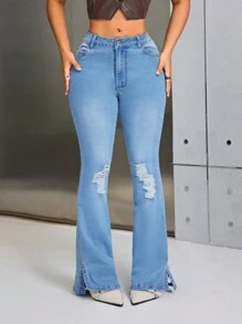 SHEIN SXY Holes & Split Hem Flared Jeans - Blue - View 5