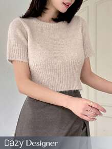 Dazy Designer 女士圓領短袖針織上衣 - 杏色 - 查看 1