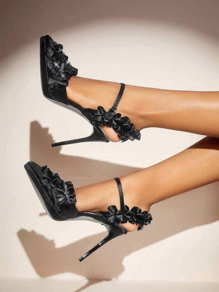 New Spring & Autumn Thin Heels Pointed Toe Pumps With Rhinestone & Floral Lace Details For Women's Elegance