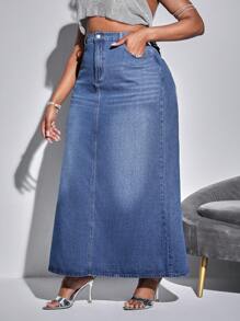 Plus Size Washed Denim A-Line Skirt, Vacation Style, No Stretch, All-Match