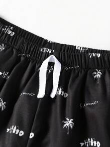 SHEIN 2pcs/Set Tween Boys' Elastic Waistband Tropical Plant & Letter Print Casual Shorts For Summer - Khaki - View 3