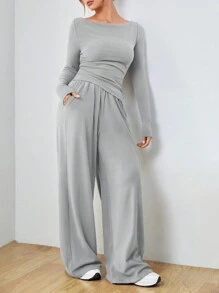 SHEIN EZwear Dệt kim Của phụ nữ Tay áo dài Áo thun Và Quần Bộ - Màu Xám nhạt - Xem 1