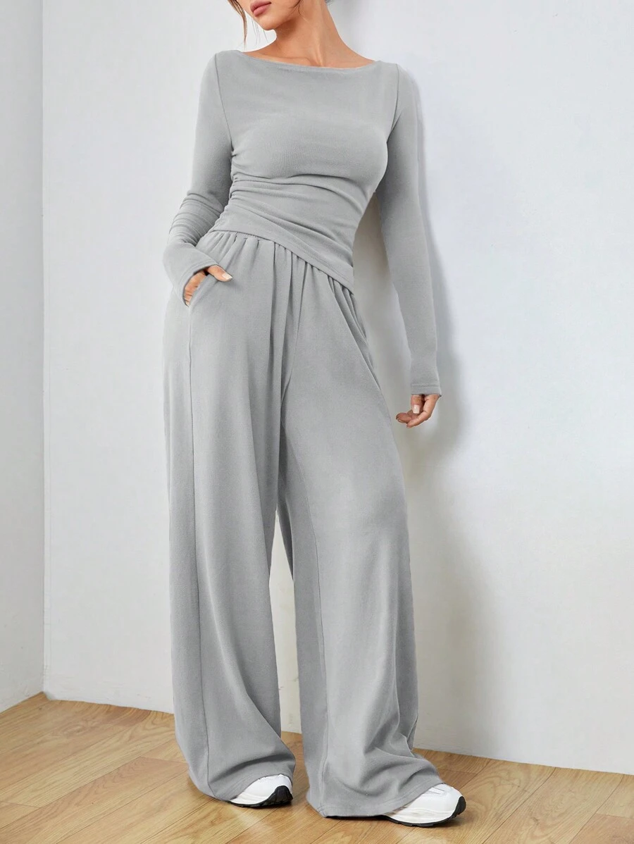 SHEIN EZwear Dệt kim Của phụ nữ Tay áo dài Áo thun Và Quần Bộ - Màu Xám nhạt - Xem 1