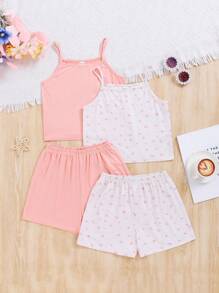 SHEIN Leap Crew 4pcs Tween Girls' Daily Casual Knitted Tank Top And Shorts Pajama Set - Multicolor - View 1