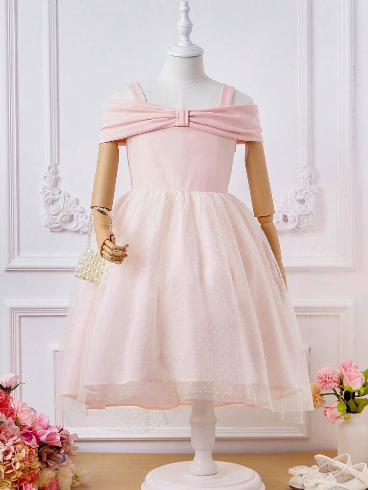 Tween Girls' Wedding Season Woven Hollow Out Shoulder & Mesh Dress