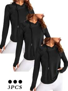 SHEIN Daily&Casual 女款純色抽繩連帽運動衛衣 - 黑色 - 查看 1