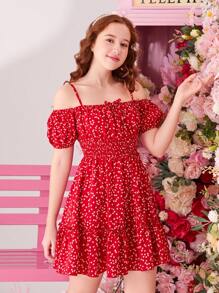 SHEIN Vestido casual de hombros descubiertos para niñas adolescentes con patrón de corazón en miniatura tejido y tirantes ligeramente ajustables - Rojo - Ver 5