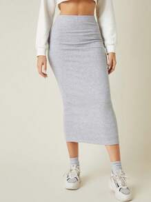 SHEIN BASICS Casual Solid High Waist Bodycon Skirt - Light Grey - View 4
