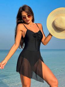 SHEIN Swim Women'S One-Piece Swimsuit With Mesh Knot Detailing On The Chest Music Festival - Black - View 2