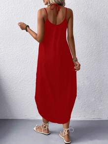 EARO Elegant European & American Style Minimalist Casual Sleeveless Long Solid Color Dress, Versatile For Daily Wear, Commute, Spring/Autumn, Vacation, Knitted High Stretch Tie-Waist Fitted Slimming Comfortable Slip Dress - Red - View 2