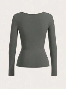 SHEIN BASICS Women's V-Neck Long Sleeve T-Shirt - Dark Grey - View 2