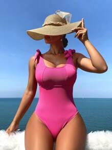 SHEIN Swim 女士连体泳衣（带肩带）嘉年华夏季 - 玫紅色 - 查看 1