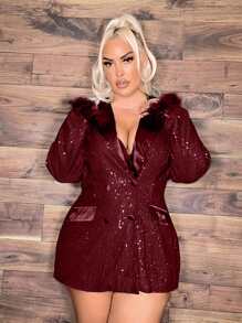 SHEIN SXY Của phụ nữ Kích thước lớn Lấp lánh Lông Áo vest - Màu Đỏ Sâu - Xem 3