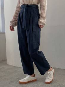 FRIFUL 女性實色束腰貨物長褲 - 藏蓝色 - 查看 5