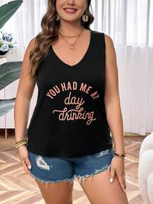 SHEIN LUNE 夏季女裝加大尺碼背心，印有口號印花 - 黑色 - 查看 5