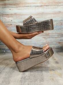 女士方頭楔跟厚底涼鞋鑲石紋灰色涼鞋,女式開放式性感多功能新時尚 - 灰色 - 查看 5