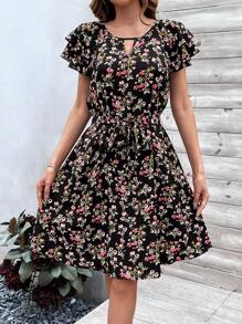 SHEIN Clasi 女士鑰匙孔領口花卉印花裙 - 彩色 - 查看 1