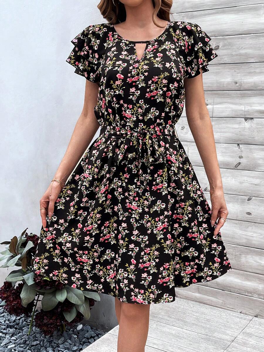 SHEIN Clasi 女士鑰匙孔領口花卉印花裙 - 彩色 - 查看 1