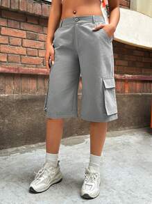 SHEIN EZwear Women's Grey Woven Cargo Shorts - Grey - View 9