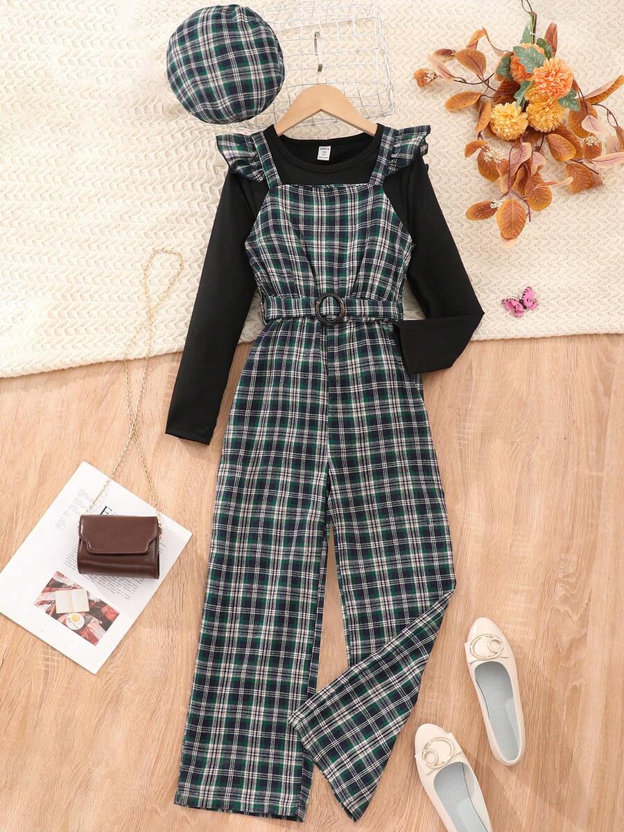 SHEIN Tween Girls' Round Neck Long Sleeve T-Shirt, College Style Plaid Jumpsuit & Hat Set, Autumn/Winter - Green - View 1