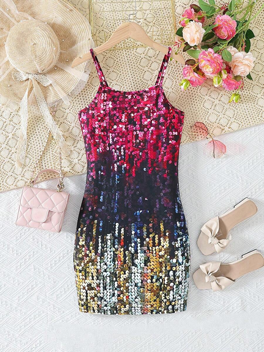 SHEIN Tween Girls' Cool Printed Glitter Sparkle Strap Dress - Multicolor - View 1