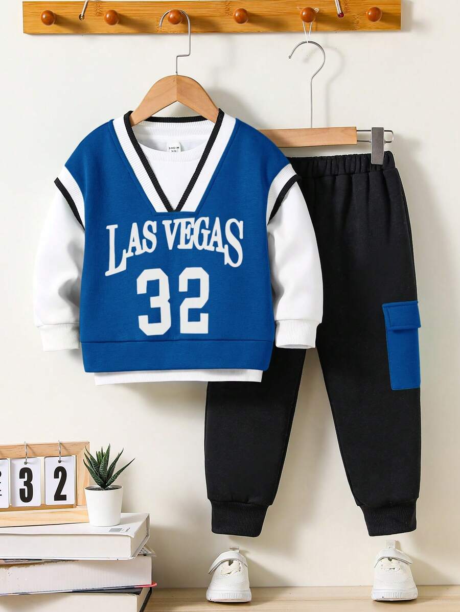 年轻男孩休闲运动衫和背心上衣配拼色贴袋裤子套装 - 彩色 - 查看 1