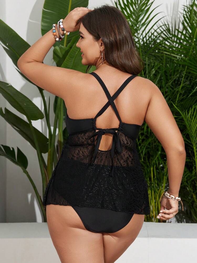 Plus Size Summer Beach Lace Spliced Criss Cross Design Vest Style Swiss Dress Music Festival