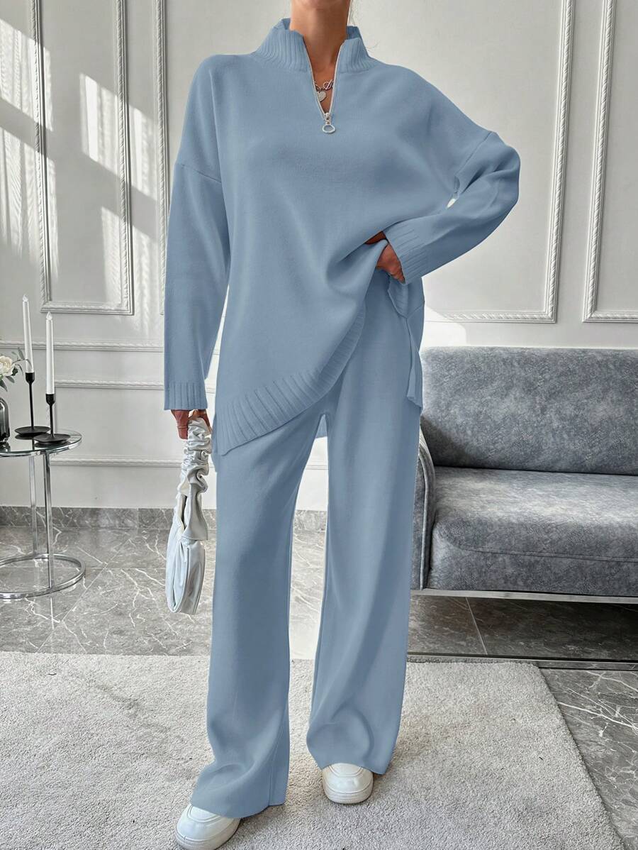 EURMUSE Women's Half-Zip Pullover Sweater And Knitted Pants Set With Zip Fly - Baby Blue - View 1