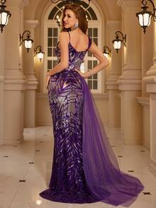 Women's High Slit Sequin Evening Party Prom Dress - Purple - View 2