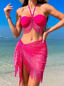 SHEIN Swim Fringe Decor Halter Bikini Set And Mesh Swimwear Cover-Up Skirt Valentine Summer - Hot Pink - View 1