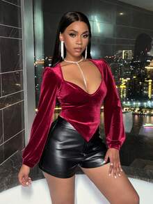 SHEIN Slayr Lantern Sleeve T-Shirt With Sweetheart Neckline - Burgundy - View 4