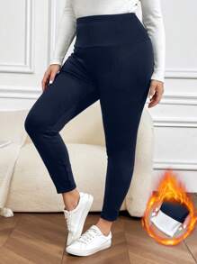 SHEIN LUNE 大码纯色保暖内衬紧身裤 - 藏蓝色 - 查看 1